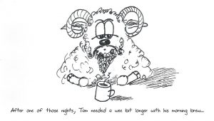 Ink cartoon of a tired sheep with some coffee