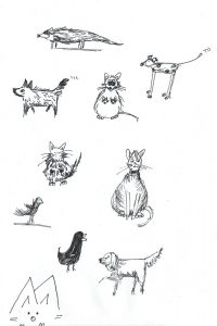 Ink sketches of various cartoon animals