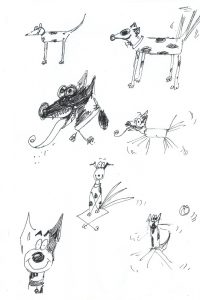 Cartoon dog sketches in ink