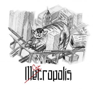 Pencil sketch of a cat sitting on a model city crushing a tree, captioned cat metropolis